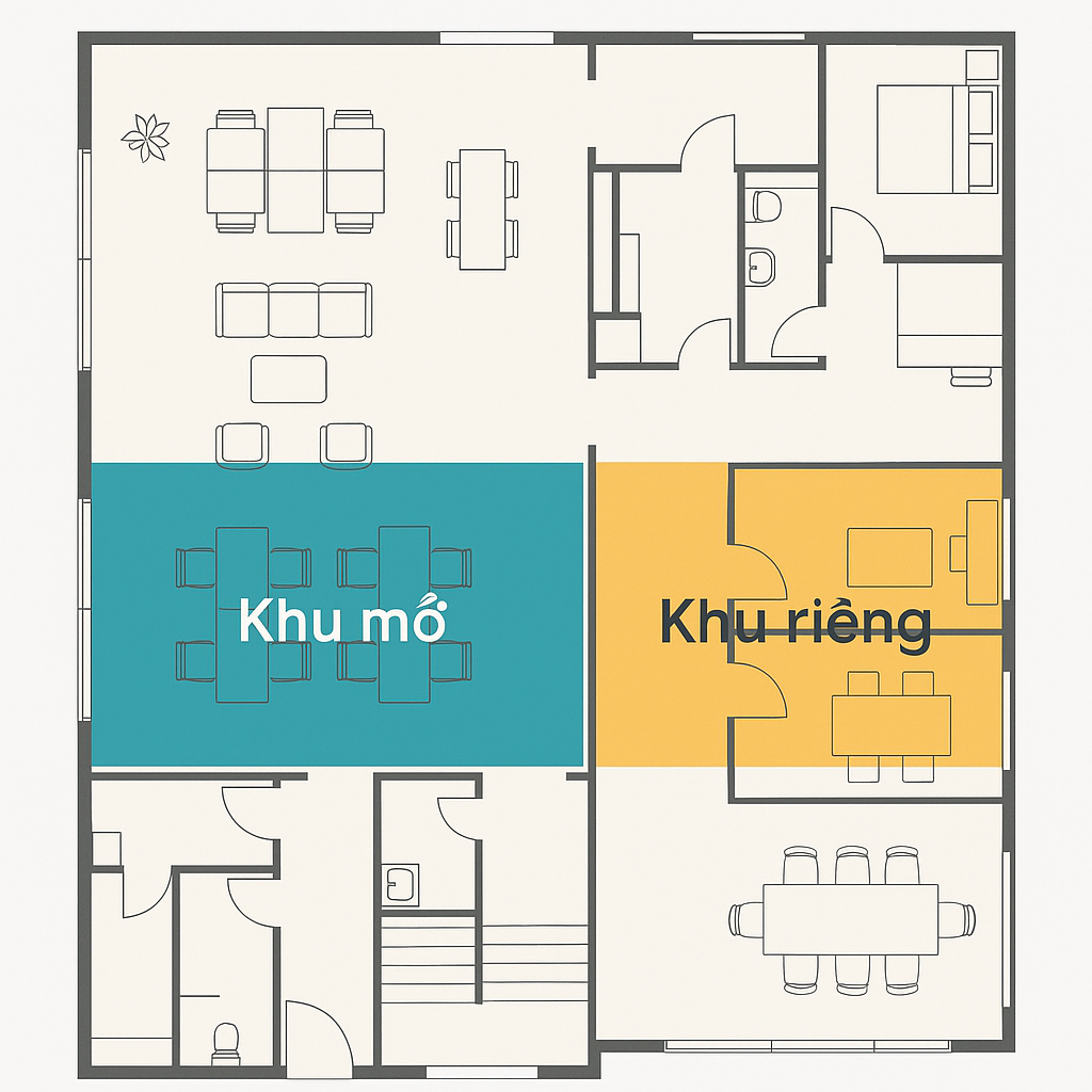 Bố trí không gian mở kết hợp khu vực riêng tư 1 Bố trí không gian mở kết hợp khu vực riêng tư 1
