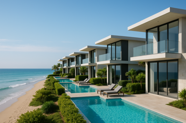 Khu nghỉ dưỡng sang trọng ven biển với hồ bơi riêng tư, kiến trúc hiện đại.