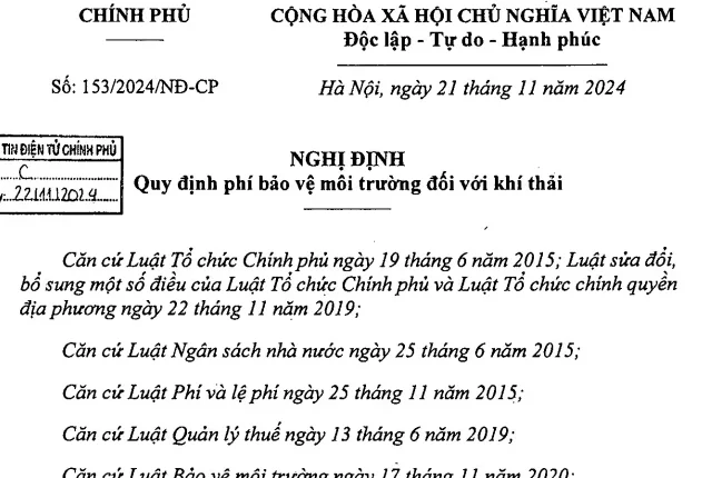 Nghị định số 153/2024/NĐ-CP quy định về phí bảo vệ môi trường đối với khí thải.