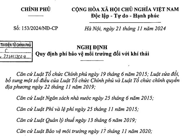 Nghị định 153/2024/NĐ-CP về phí bảo vệ môi trường đối với khí thải 1 Nghị định 153/2024/NĐ-CP về phí bảo vệ môi trường đối với khí thải 1