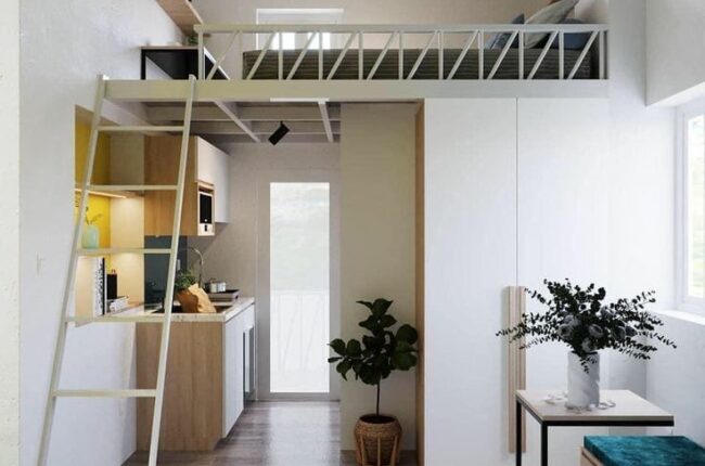 Nội thất phòng studio tối giản, tận dụng không gian theo chiều dọc.