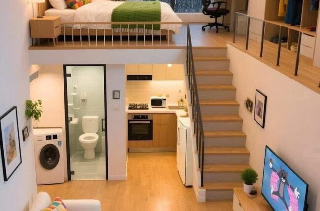 Phòng ngủ gác lửng nhỏ gọn, tích hợp bếp và phòng tắm hiện đại.