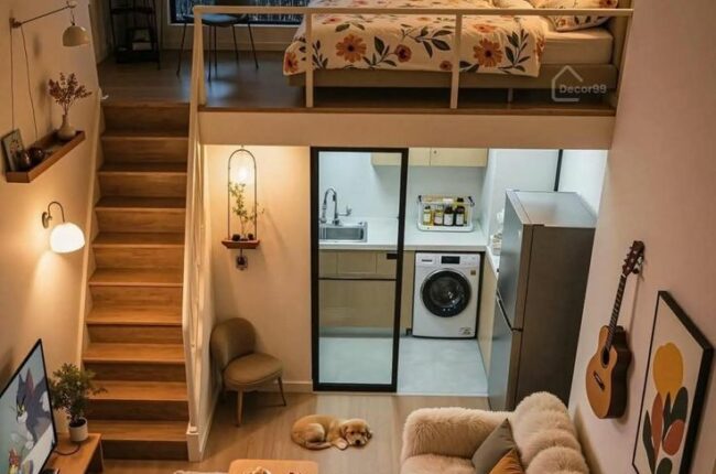 Không gian sống nhỏ gọn, hiện đại với gác lửng tiện nghi.