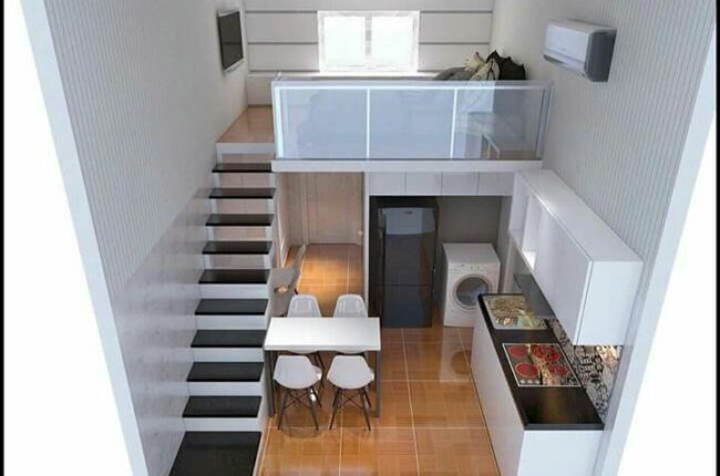 Nội thất phòng trọ nhỏ gọn, hiện đại với gác lửng và bếp mini.