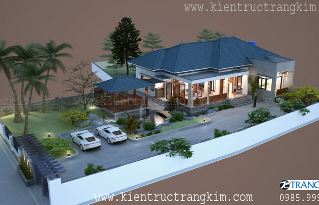 Biệt thự một tầng hiện đại, mái thái xanh, sân vườn rộng rãi.