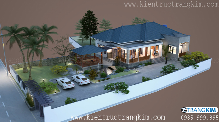 Hình ảnh phối cảnh kiến trúc công trình 1 Thiết kế biệt thự nhà vườn 1 tầng đẹp theo phong cách kiến trúc Mái Nhật hiện đại nhẹ nhàng, tinh tế