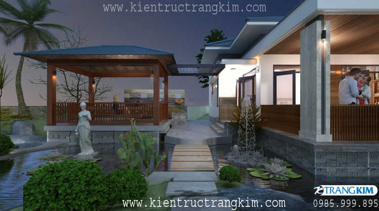 Hình ảnh phối cảnh kiến trúc công trình 11 Thiết kế biệt thự nhà vườn 1 tầng đẹp theo phong cách kiến trúc Mái Nhật hiện đại nhẹ nhàng, tinh tế