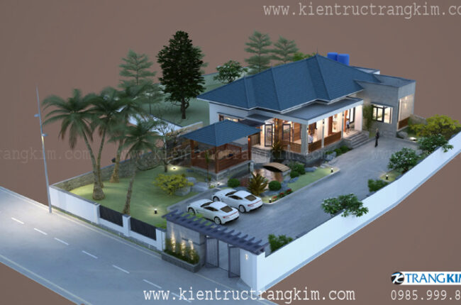 Thiết kế biệt thự nhà vườn 1 tầng đẹp theo phong cách kiến trúc Mái Nhật hiện đại nhẹ nhàng, tinh tế