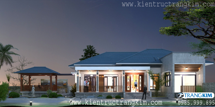 Hình ảnh phối cảnh kiến trúc công trình 4 Thiết kế biệt thự nhà vườn 1 tầng đẹp theo phong cách kiến trúc Mái Nhật hiện đại nhẹ nhàng, tinh tế