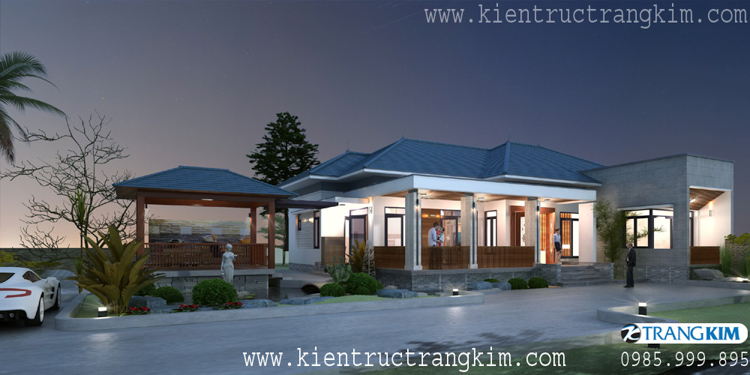 Hình ảnh phối cảnh kiến trúc công trình 5 Thiết kế biệt thự nhà vườn 1 tầng đẹp theo phong cách kiến trúc Mái Nhật hiện đại nhẹ nhàng, tinh tế