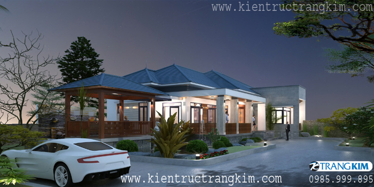 Hình ảnh phối cảnh kiến trúc công trình 6 Thiết kế biệt thự nhà vườn 1 tầng đẹp theo phong cách kiến trúc Mái Nhật hiện đại nhẹ nhàng, tinh tế