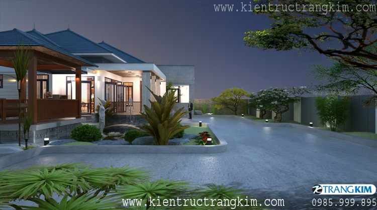 Hình ảnh phối cảnh kiến trúc công trình 7 Thiết kế biệt thự nhà vườn 1 tầng đẹp theo phong cách kiến trúc Mái Nhật hiện đại nhẹ nhàng, tinh tế