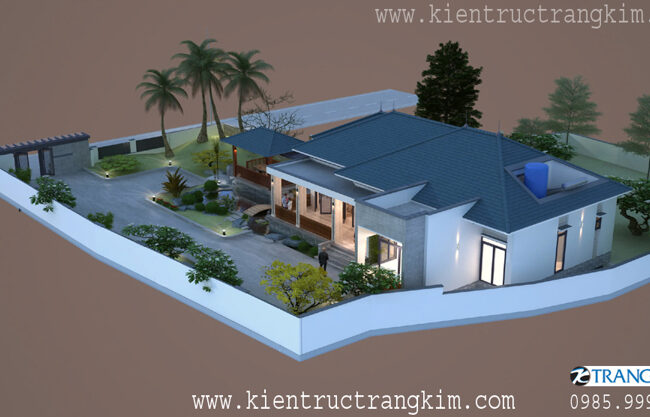 Bản vẽ phối cảnh 3D của một ngôi nhà cấp 4 hiện đại, có sân vườn.