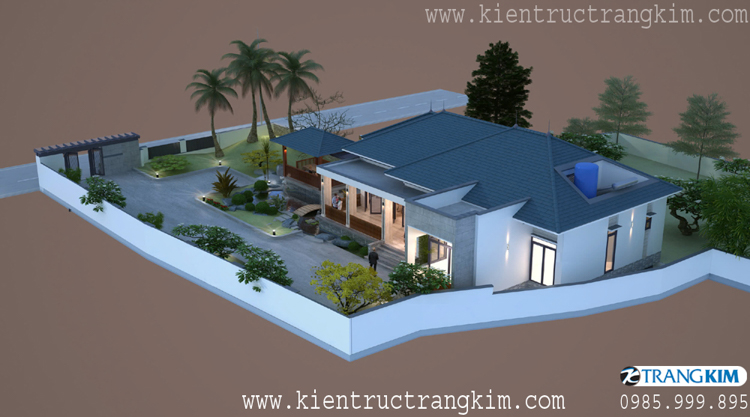 Hình ảnh phối cảnh kiến trúc công trình 8 Thiết kế biệt thự nhà vườn 1 tầng đẹp theo phong cách kiến trúc Mái Nhật hiện đại nhẹ nhàng, tinh tế