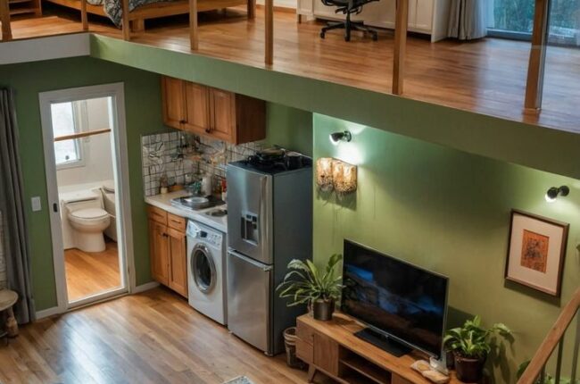 Góc bếp nhỏ ấm cúng trong một căn nhà gỗ hiện đại.