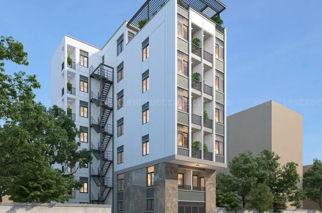 Tòa nhà nhiều tầng hiện đại với kiến trúc độc đáo và ban công xanh mát.