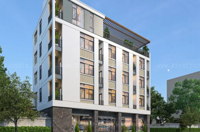 Tòa nhà nhiều tầng hiện đại với kiến trúc tối giản, sang trọng.