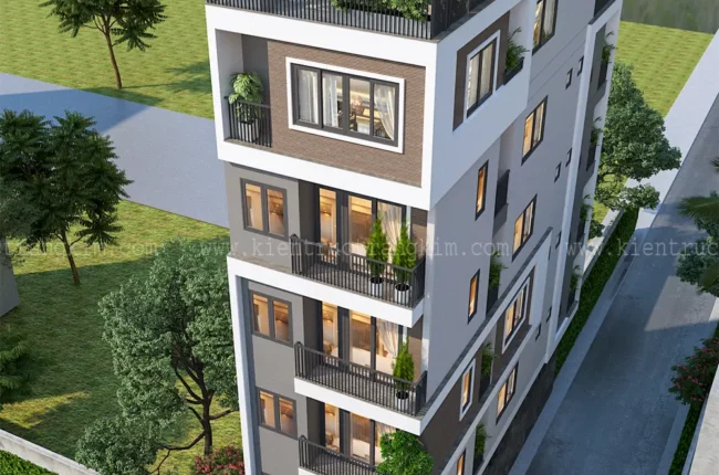 Mặt tiền tòa nhà hiện đại với ban công và thiết kế kiến trúc độc đáo.