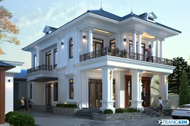 Biệt thự tân cổ điển trắng sang trọng, kiến trúc đối xứng nổi bật.