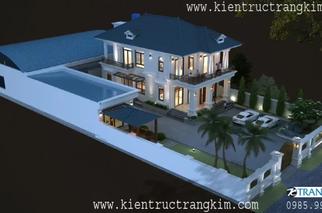 Biệt thự hiện đại hai tầng với mái ngói xanh và không gian sân vườn rộng.