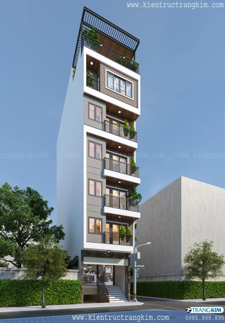 Dưới đây là hình ảnh phối cảnh thiết kế chung cư mini cho thuê mặt tiền 5m có tầng bán hầm kết hợp ở gia 3