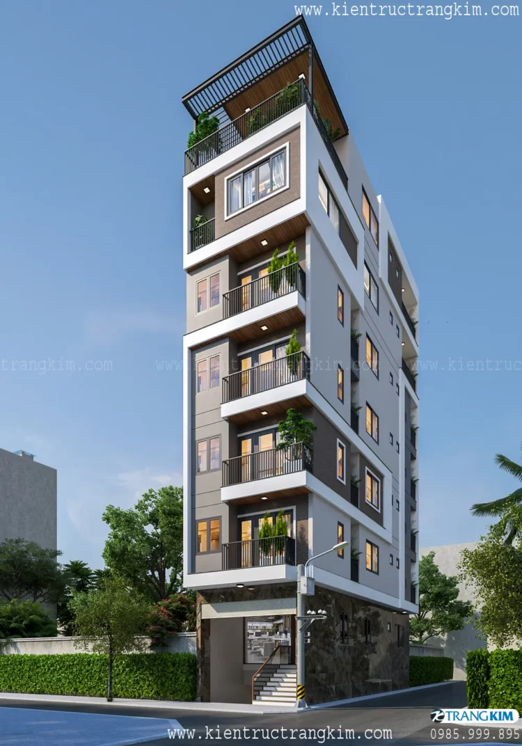 Dưới đây là hình ảnh phối cảnh thiết kế chung cư mini cho thuê mặt tiền 5m có tầng bán hầm kết hợp ở gia 4