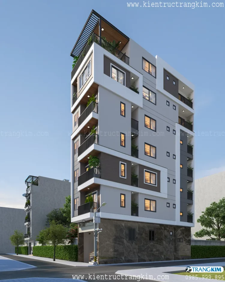 Dưới đây là hình ảnh phối cảnh thiết kế chung cư mini cho thuê mặt tiền 5m có tầng bán hầm kết hợp ở gia 5