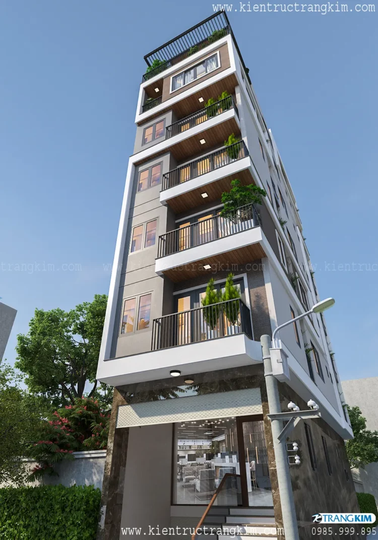 Dưới đây là hình ảnh phối cảnh thiết kế chung cư mini cho thuê mặt tiền 5m có tầng bán hầm kết hợp ở gia 6