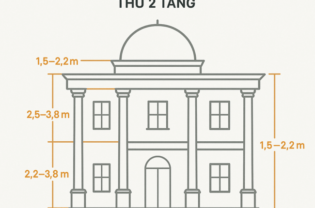 Bản vẽ kỹ thuật mặt tiền ngôi nhà hai tầng, có mái vòm.