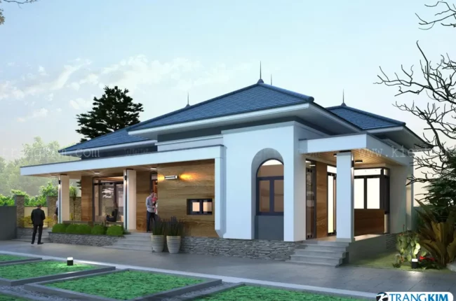 Ngôi nhà một tầng hiện đại với mái thái màu xanh đậm nổi bật.