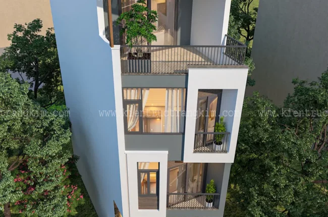 Mặt tiền nhà phố hiện đại với ban công xanh mát, thiết kế độc đáo.