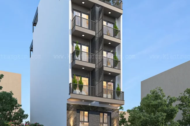 Mặt tiền nhà phố hiện đại 5 tầng với thiết kế tối giản.