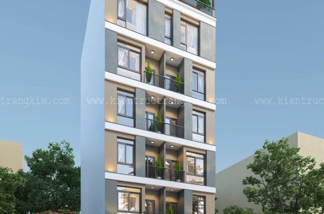 Mặt tiền tòa nhà hiện đại với ban công xanh mát, kiến trúc tỉ mỉ.