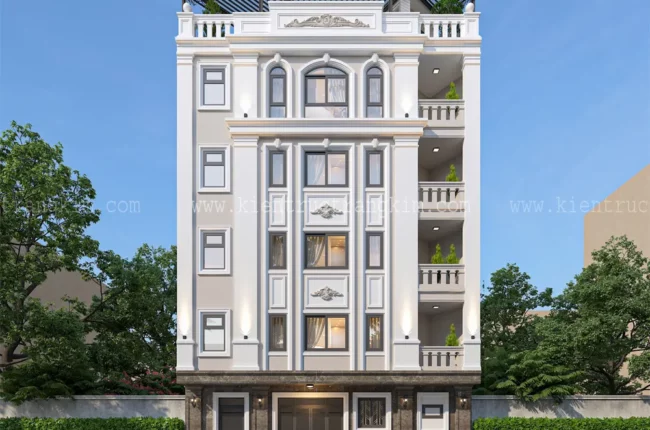 Mặt tiền nhà phố 4 tầng hiện đại, sang trọng với kiến trúc đối xứng.