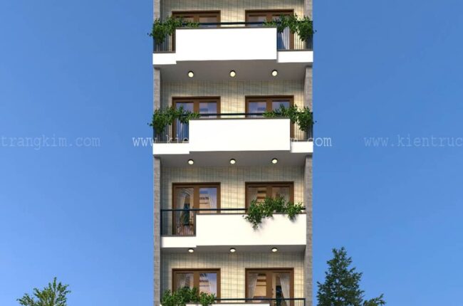 Mặt tiền tòa nhà hiện đại với ban công xanh mát, kiến trúc vuông vức.