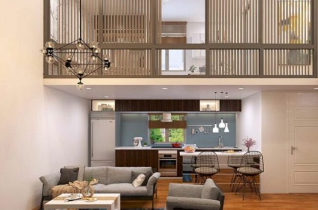 Nội thất phòng khách bếp hiện đại, thông thoáng, thiết kế tầng lửng.