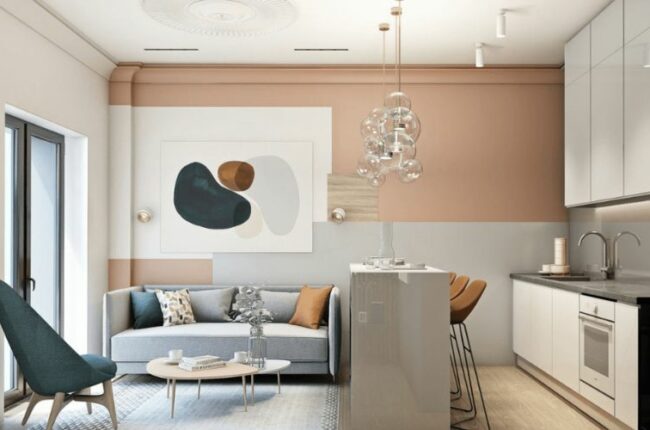 Phòng khách bếp hiện đại, tông màu pastel nhẹ nhàng, ấm cúng.