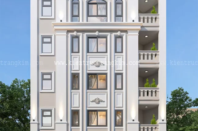 Mặt tiền tòa nhà kiến trúc Pháp hiện đại, trang nhã.