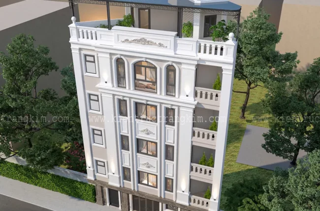 Mặt tiền biệt thự 4 tầng phong cách kiến trúc Pháp hiện đại, sang trọng.