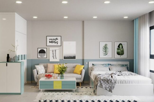 Phòng ngủ nhỏ gọn, hiện đại với tông màu xanh, xám chủ đạo.