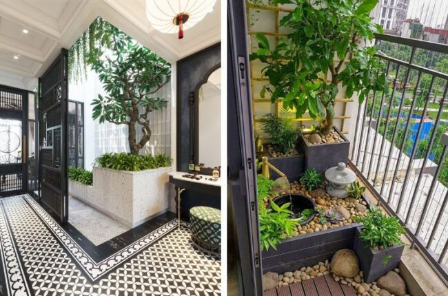 Ban công nhỏ xanh mát với cây cối, tiểu cảnh và nội thất tinh tế.