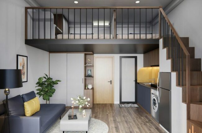 Nội thất studio hiện đại, tối ưu không gian với gác lửng.