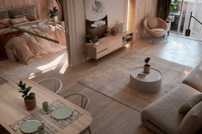 Phòng ngủ và phòng khách kết hợp, thiết kế tối giản, ấm cúng.