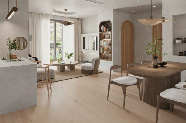 Phòng khách - bếp thiết kế tối giản, ấm cúng, tông màu trung tính.