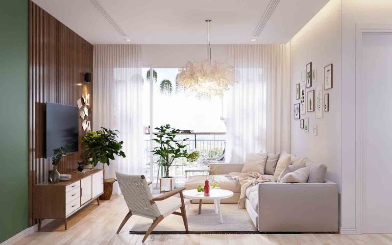 Trang trí bằng cây xanh, tranh và kệ treo tường 1