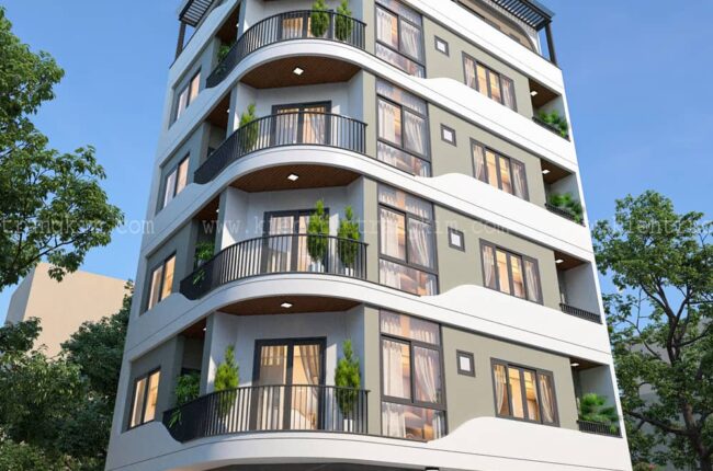 Mặt tiền tòa nhà nhiều tầng với kiến trúc hiện đại, sang trọng.