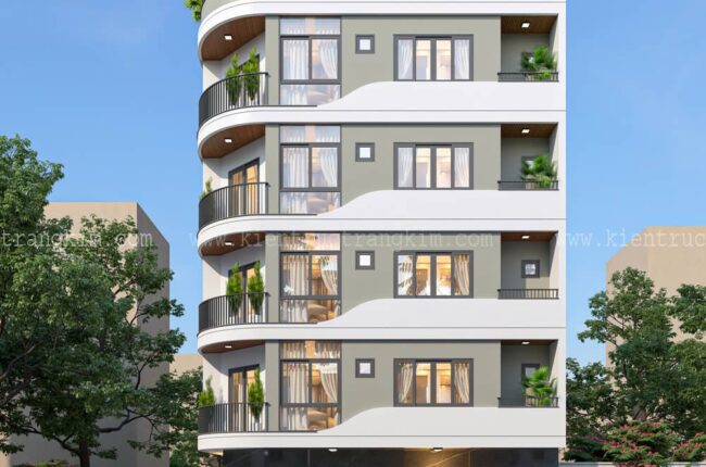 Mặt tiền nhà phố hiện đại, 5 tầng với ban công cong mềm mại.