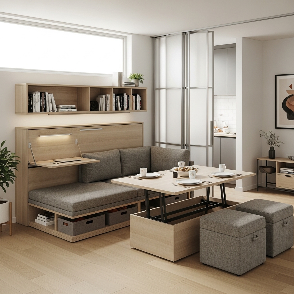 Thiết kế nội thất đa năng: giường nâng, bàn gấp, kệ tích hợp 1