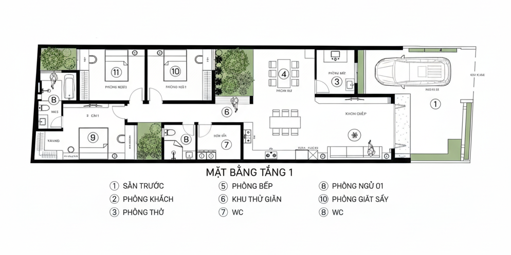 Bố trí mặt bằng dạng bố trí phòng nhà ống 1