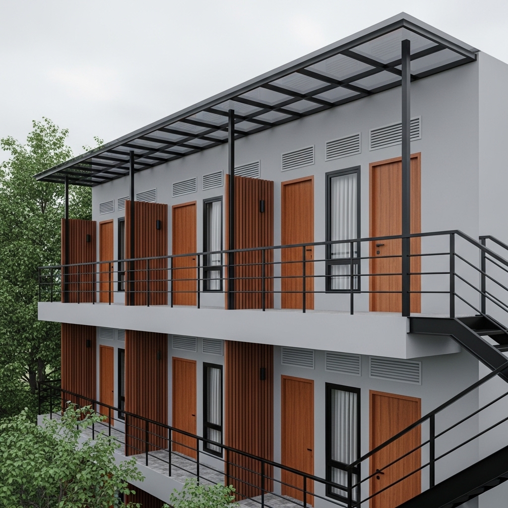 Phối cảnh 3D nhà trọ 2 tầng phong cách tối giản 1